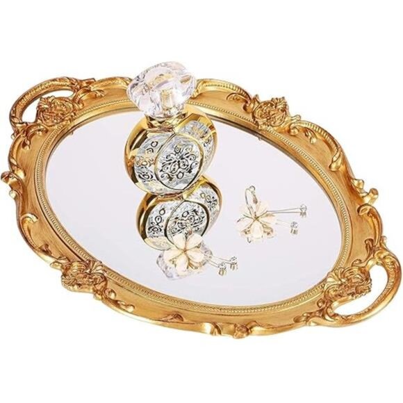 Zosenley Polyresin Ellipse Antique Decorative Mirror Tray, Makeup Organizer, - Picture 6 of 6